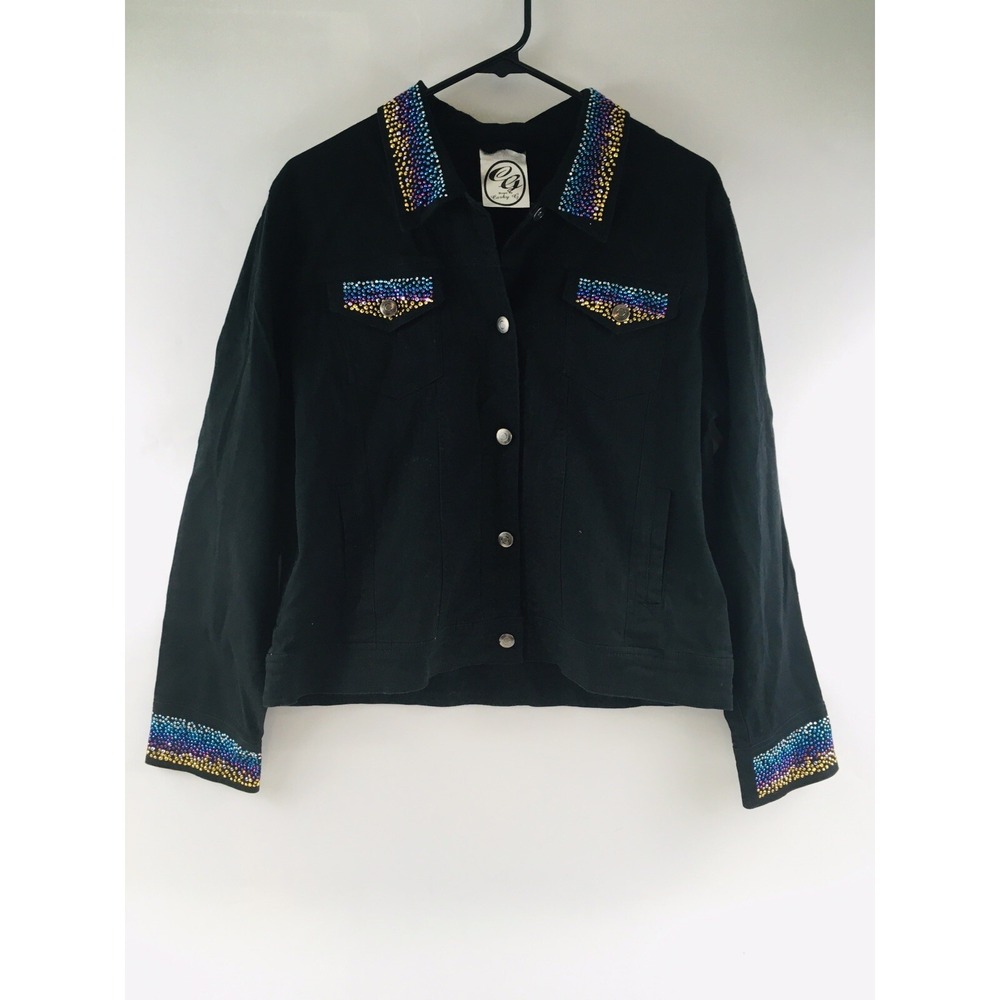 CG Designs By Corky G Jacket Women's Size L Black Denim Rainbow Sequin Jeweled
